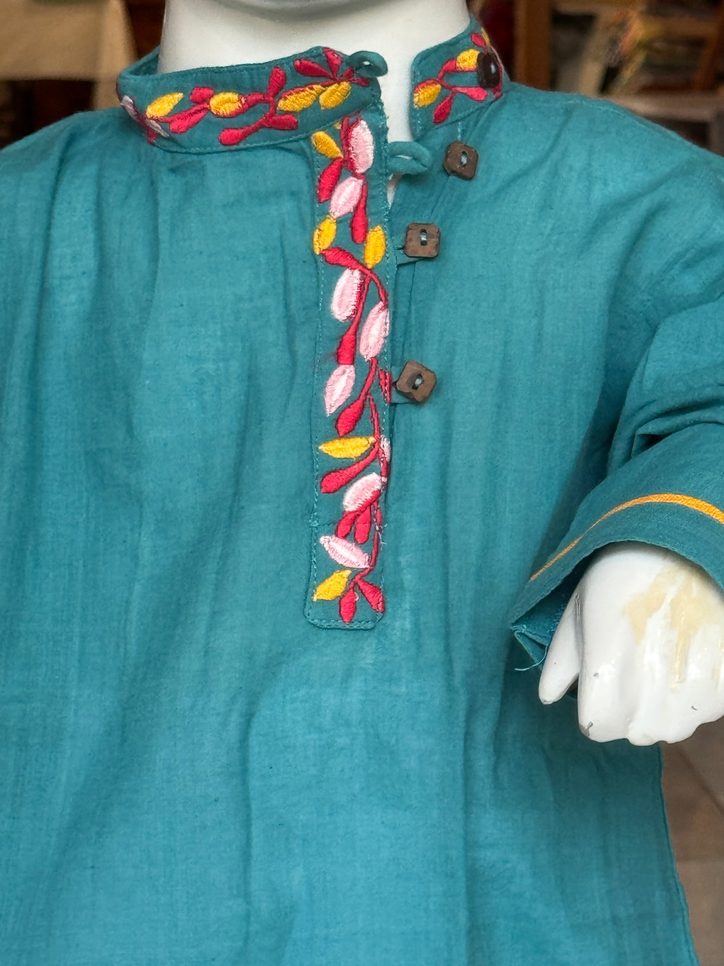 Turquoise cotton embroidered short kurta for boys