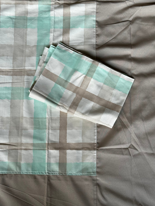 Checkmate -  White green brown cotton bedsheet with brown attached border - 98 x 108 inches