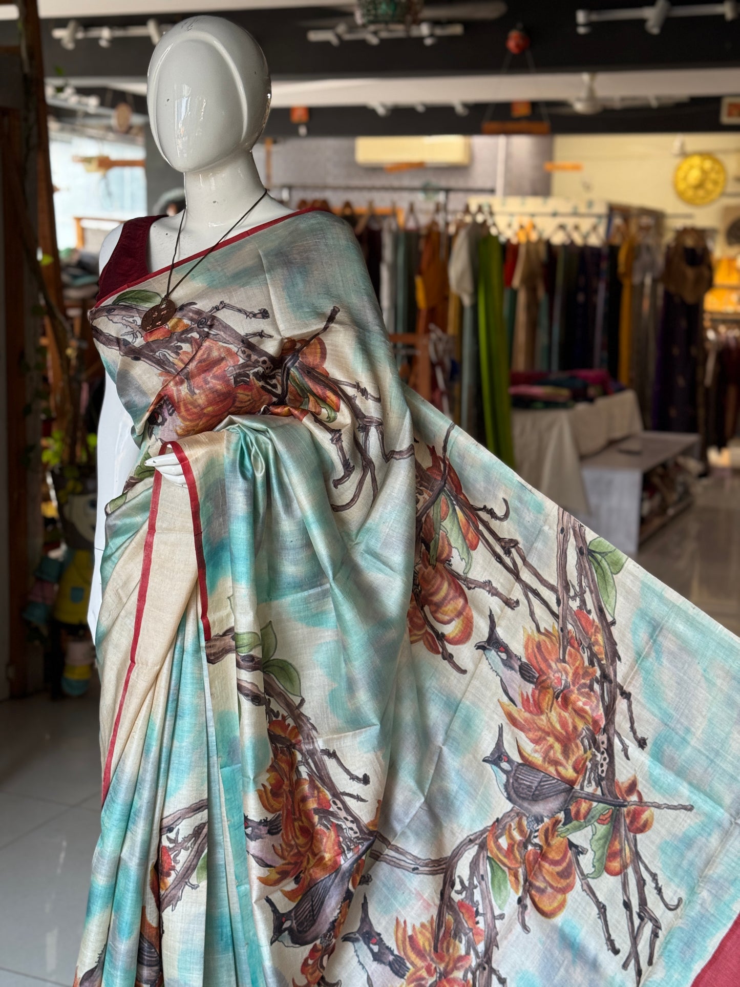 Birds in nest - hand painted pure tussar silk saree