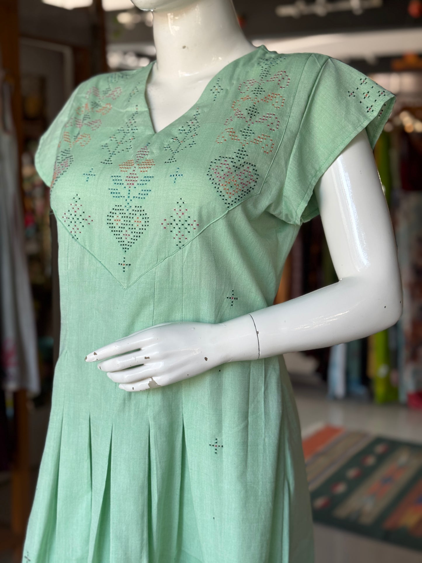 Pista green Tangaliya handwoven cotton dress with box pleats