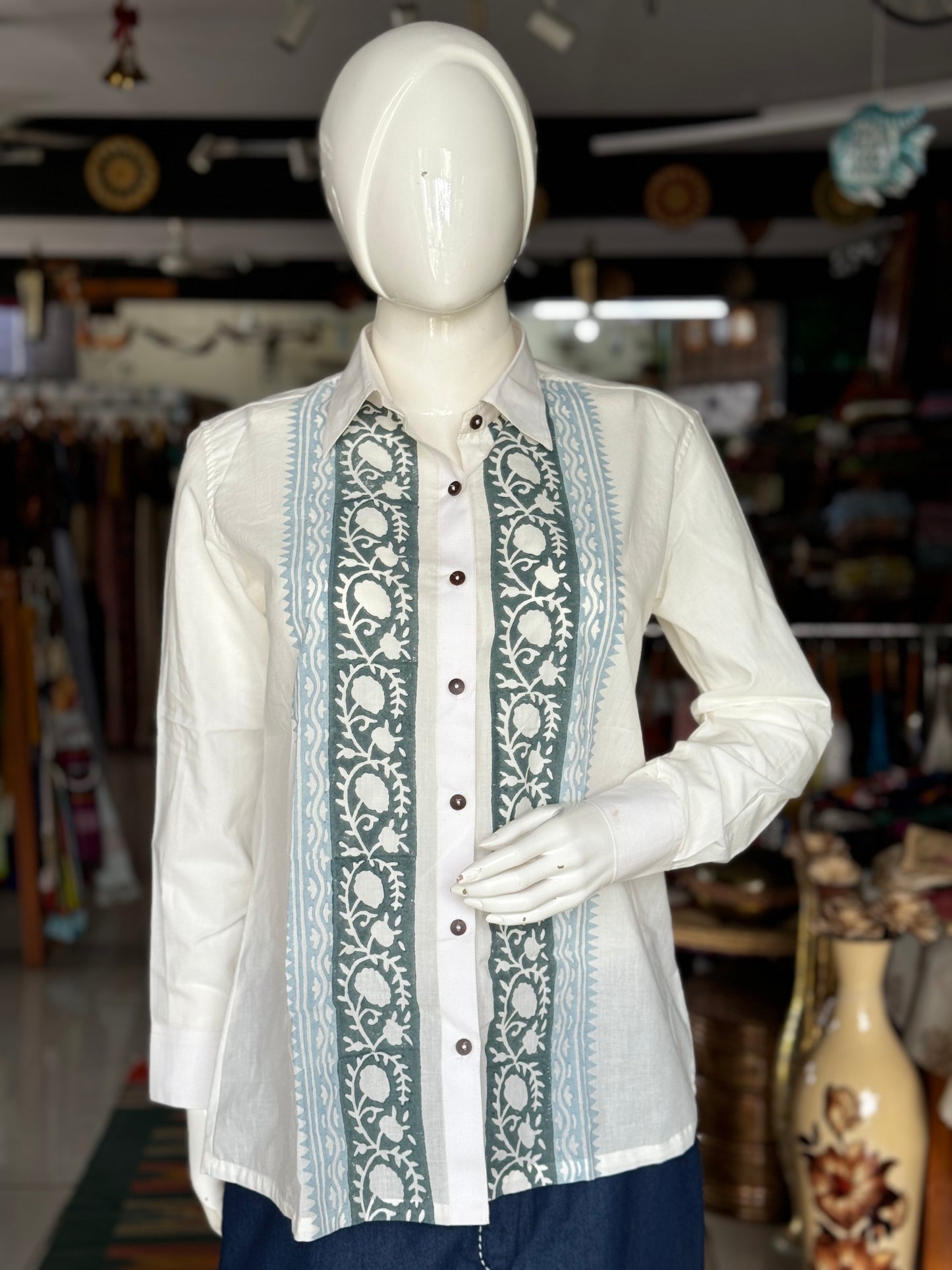 White hand block printed cotton full sleeves shirt for women