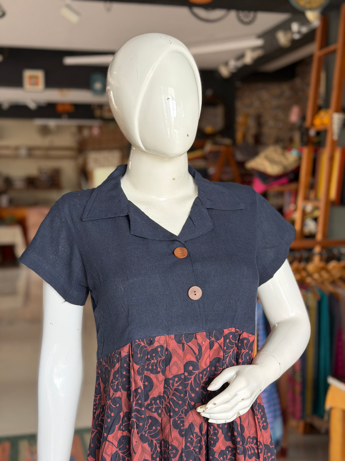 Navy blue kala cotton hand woven shirt look dress with hand block prints