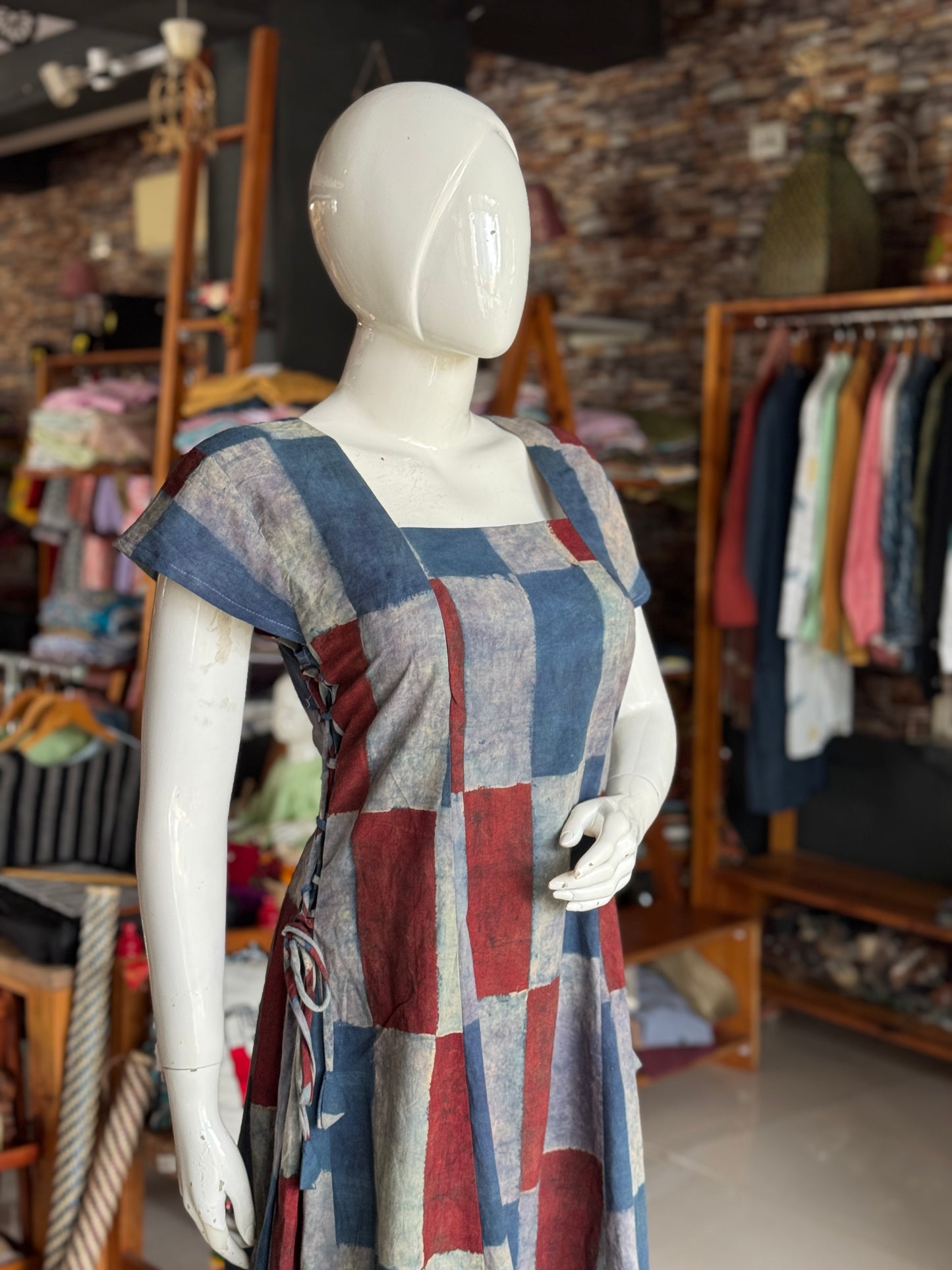 Ajrakh rectangles print side ties dress - cotton, natural dyed, hand block printed