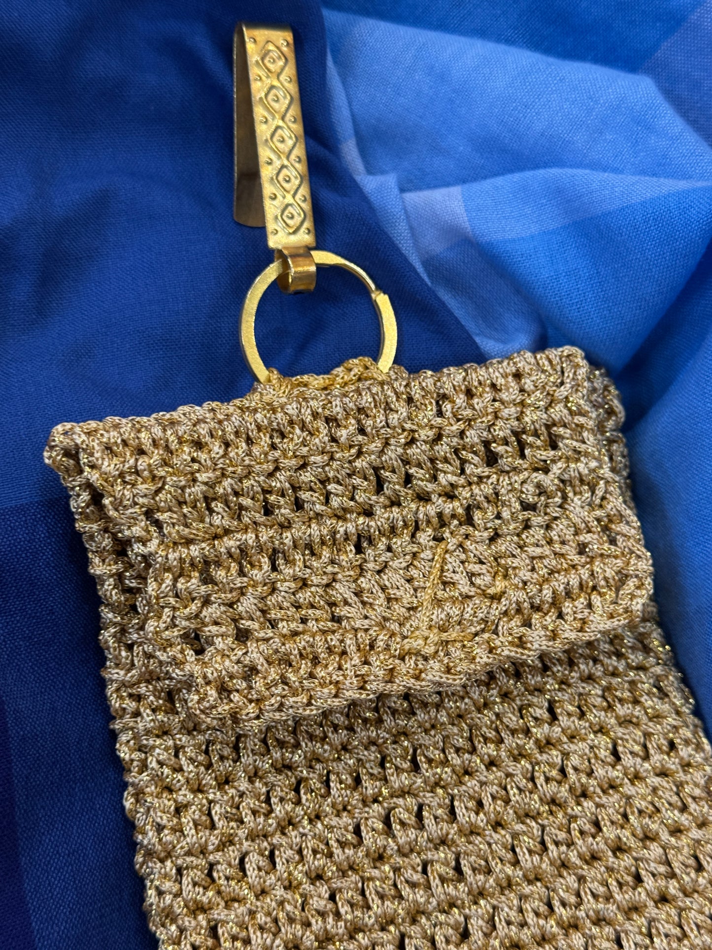 Gold Crochet Mobile phone pouch with waist clip on and magnetic closure - handcrafted crochet