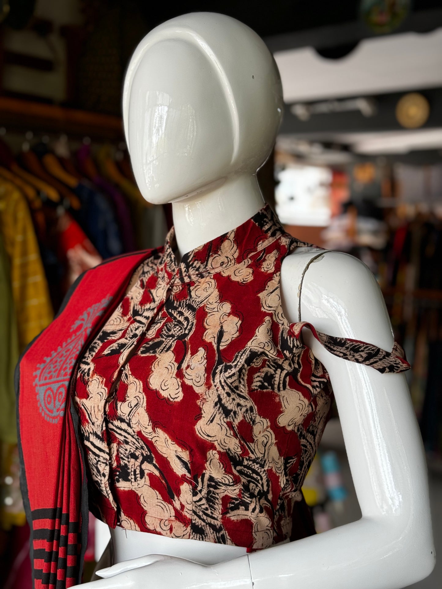 Maroon hand woven, natural dyed, hand block printed malkha cotton band collared blouse with arm straps