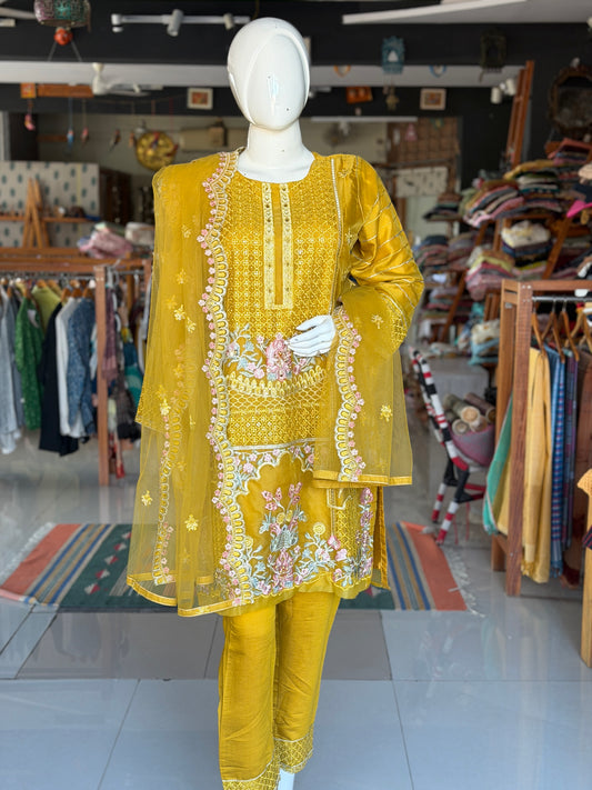 Mustard Yellow organza embroidered short kurti, pants and dupatta - 3 piece set
