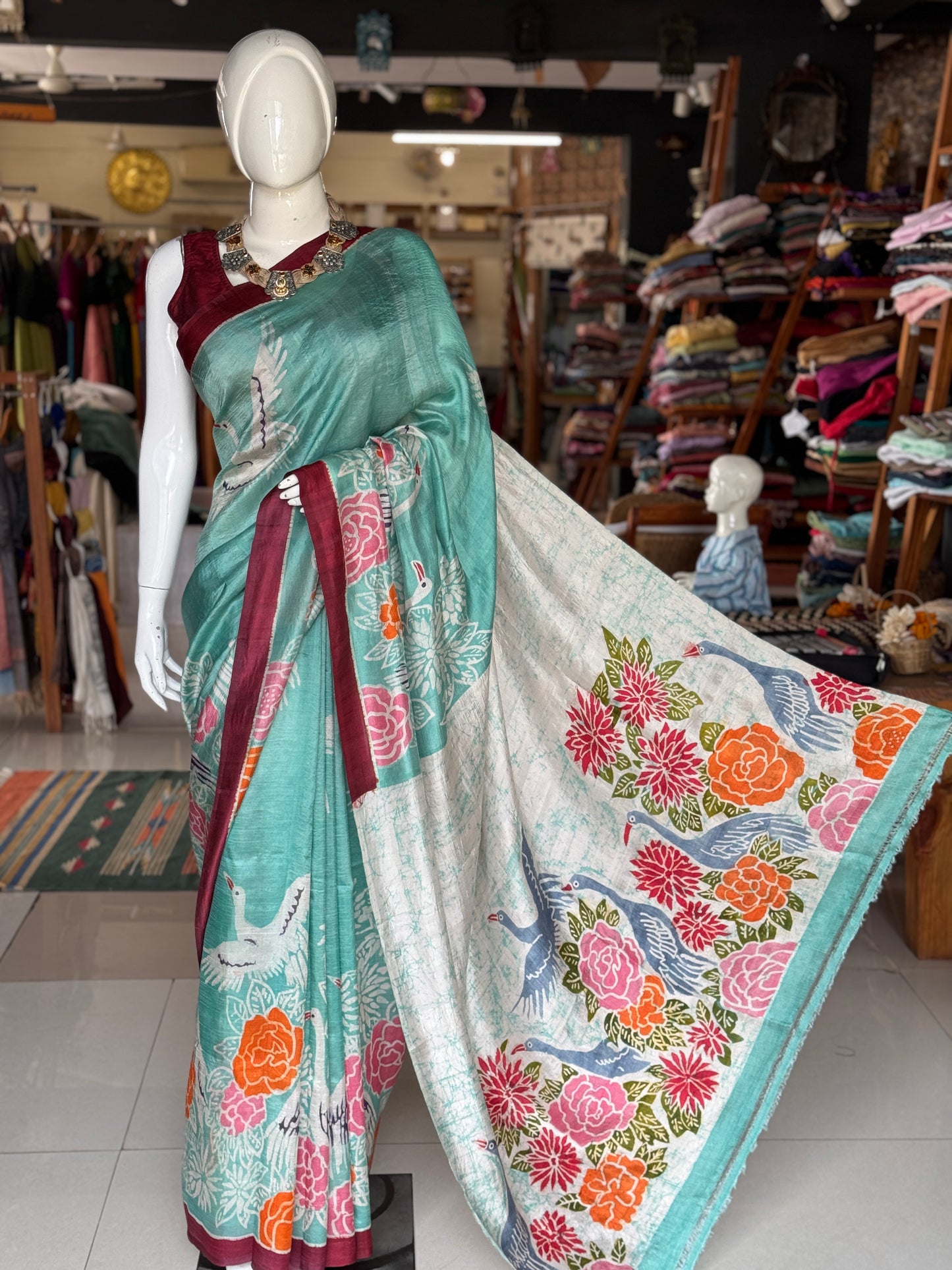 Sea green birds and flowers hand painted Batik pure soft katan silk saree