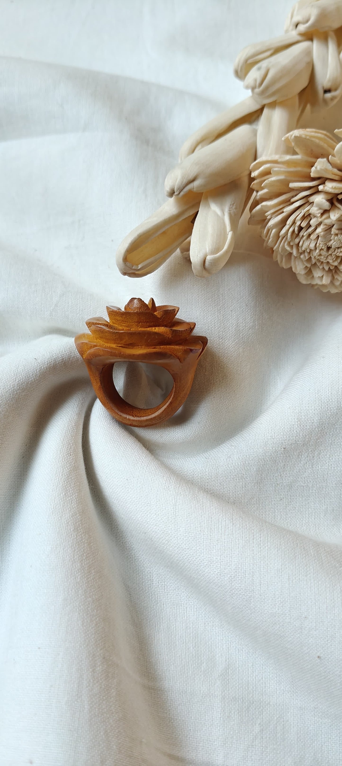 Rose hand carved finger ring in yellow wood - color options available