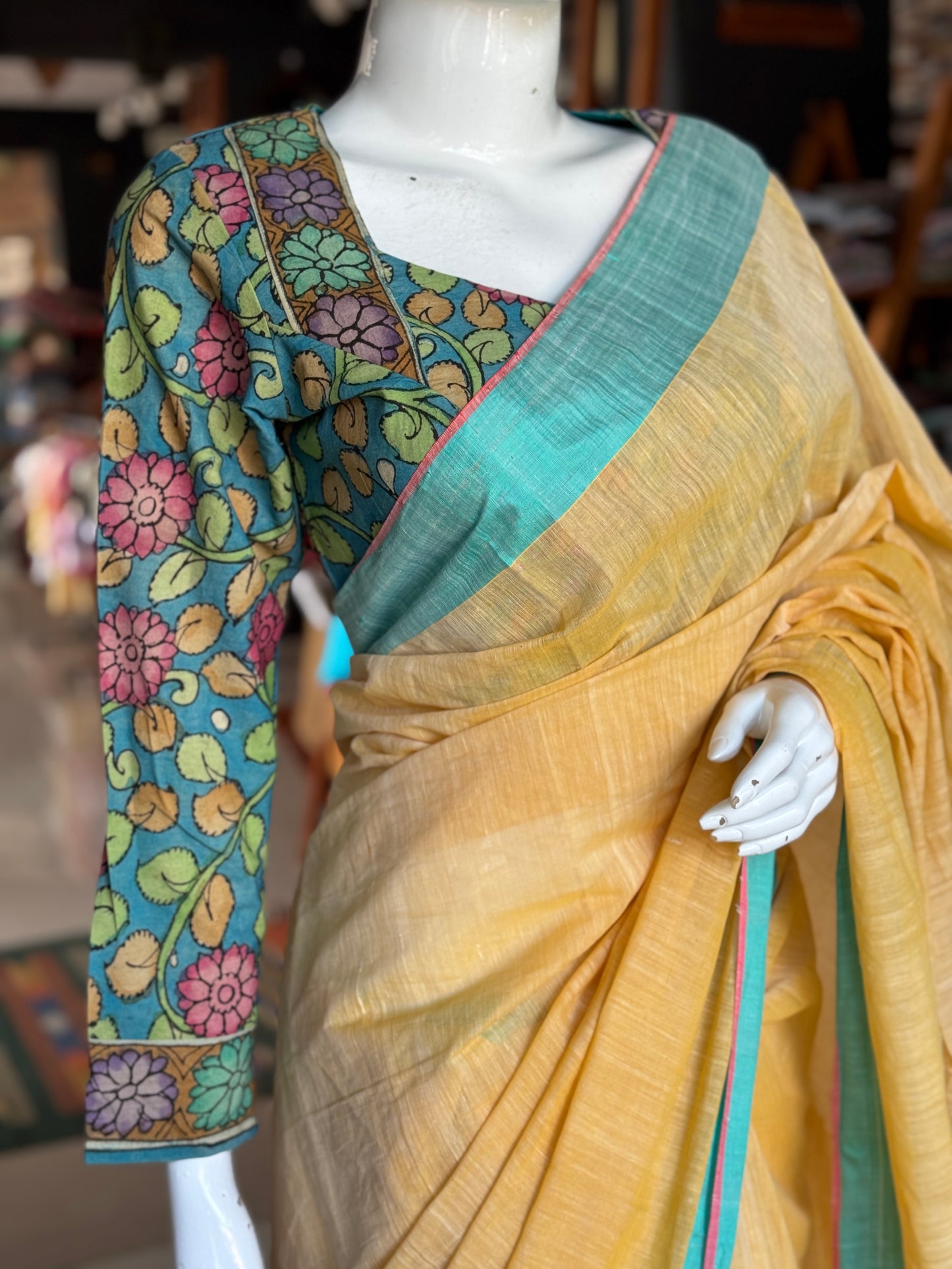 Blue Pen kalamkari hand painted cotton blouse with long sleeves