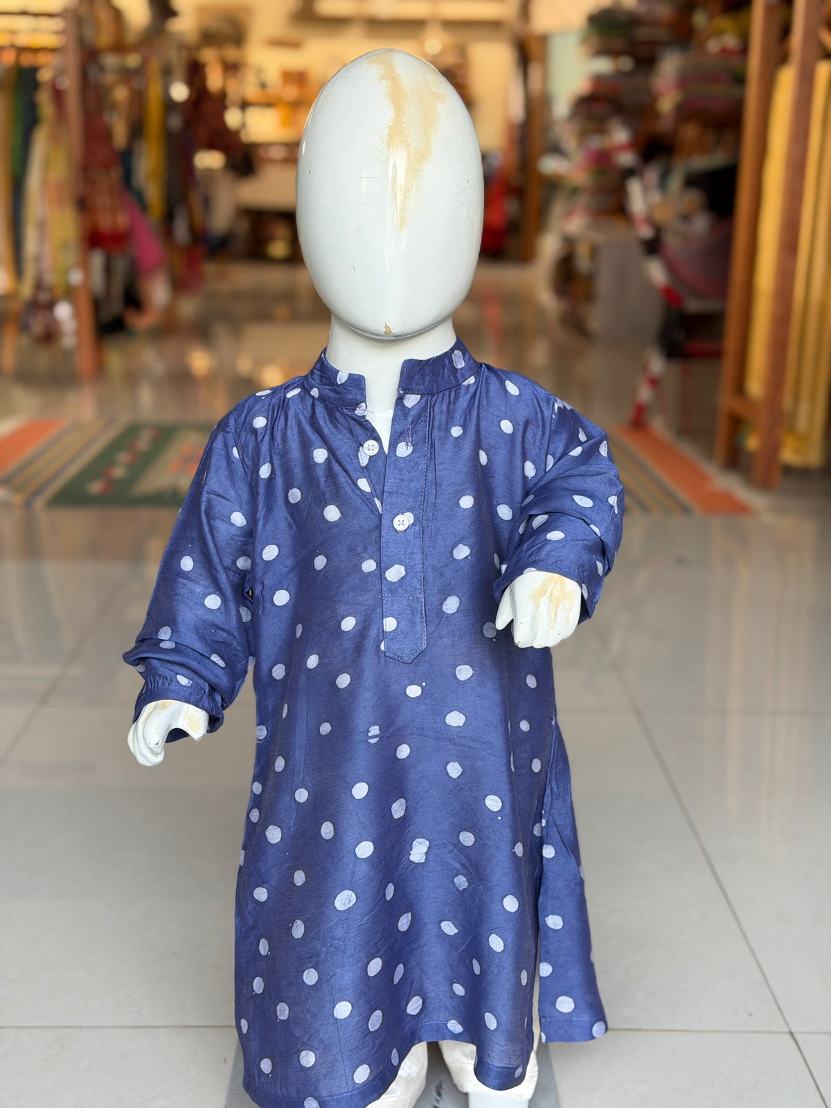 Blue polka dots batik long kurta for boys
