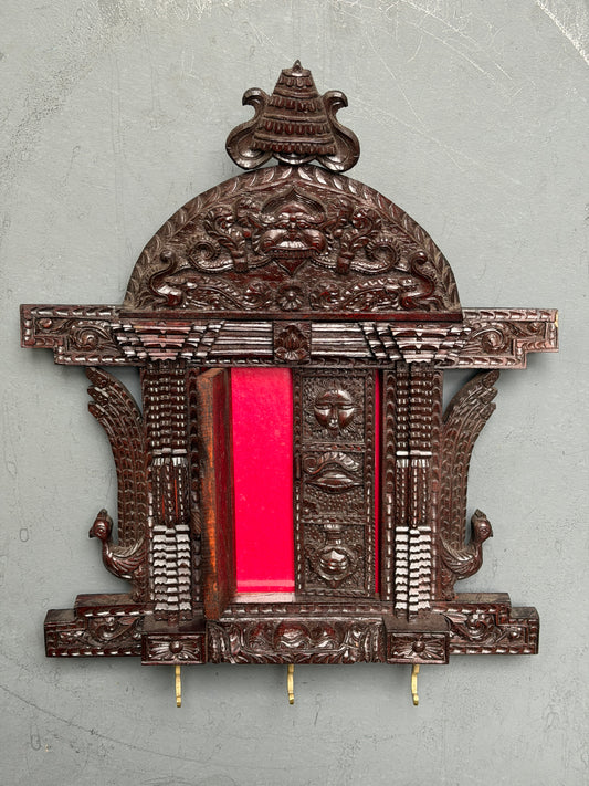 Intricate carved wood Jharokha wall decor - key hanger cum photo frame cub decorative - hand crafted wall decor with 2 little doors