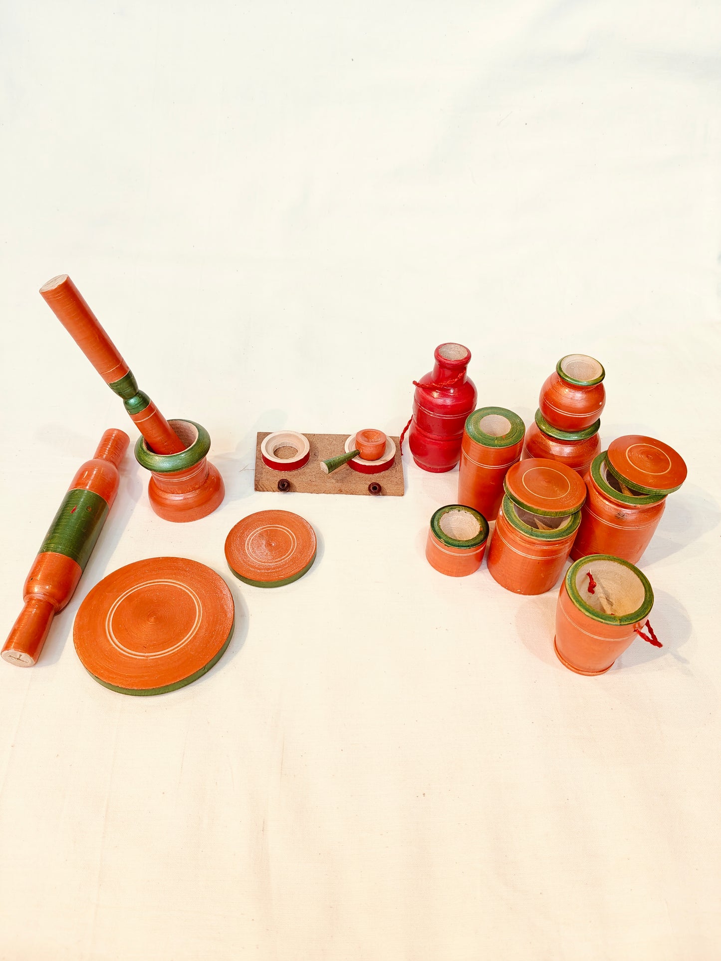 Wooden handmade pretend play 17 piece kitchen set - orange and green