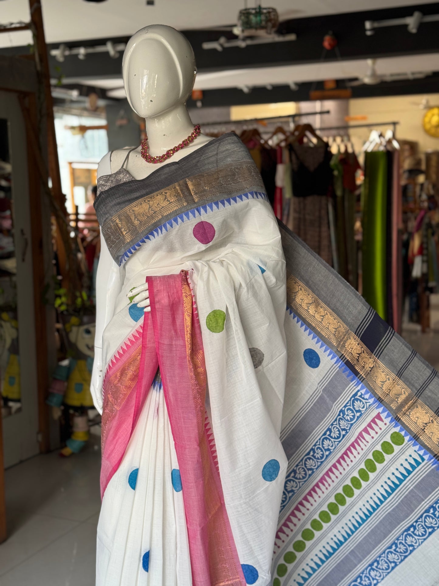 White hand block printed Chettinad cotton saree - colorful circles design