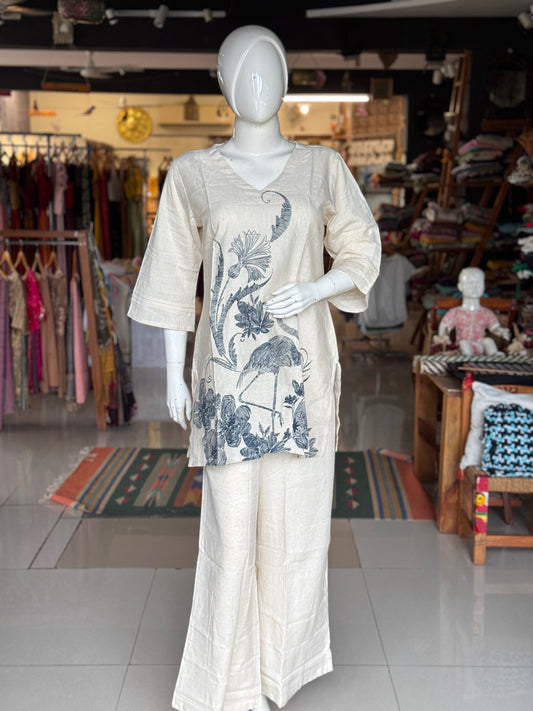 Off white v-neck cotton top with long sleeves and pants - coord set - click to see designs and sizes