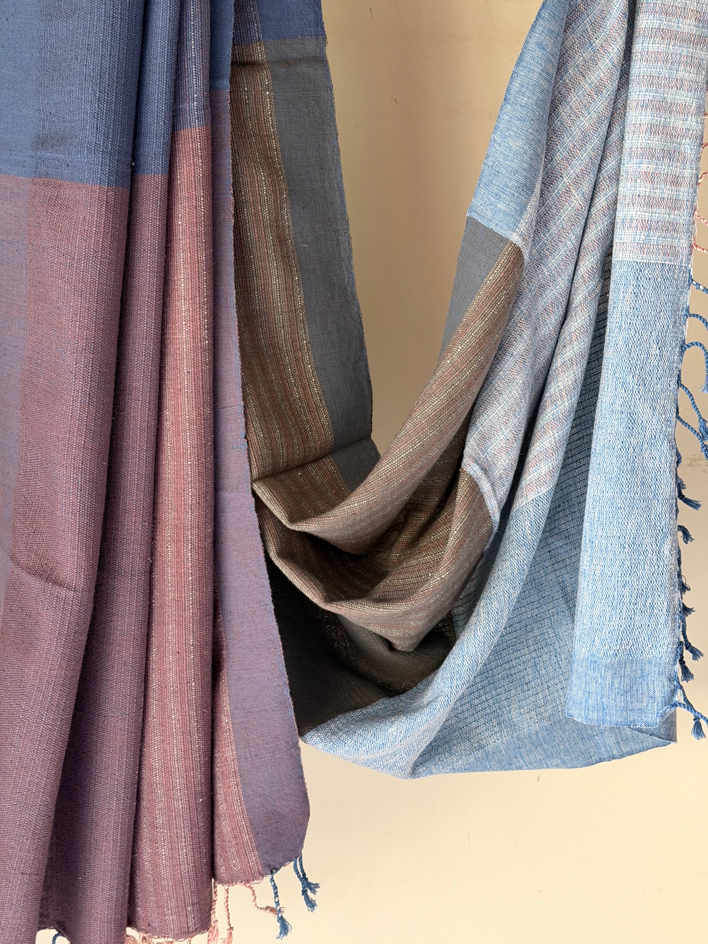Blue, grey, purple handwoven textured cotton sofa throw with multiple weaving patterns