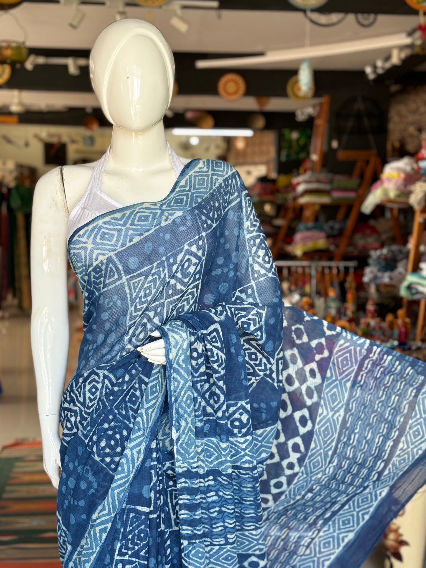 Indigo kota cotton hand block printed saree