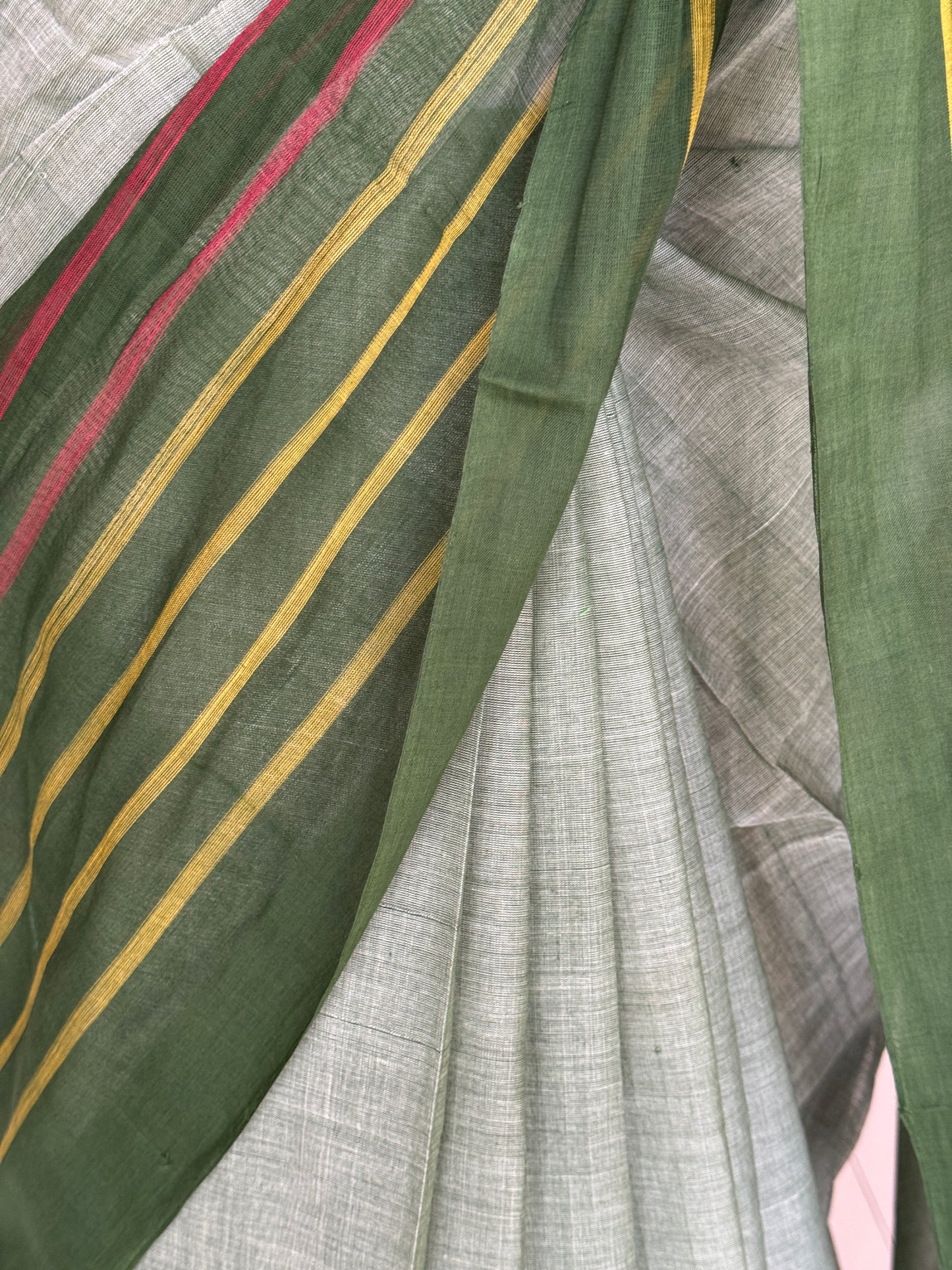 Dark green plain cotton saree with stripes wide border light weight soft handloom Bobbili cotton saree