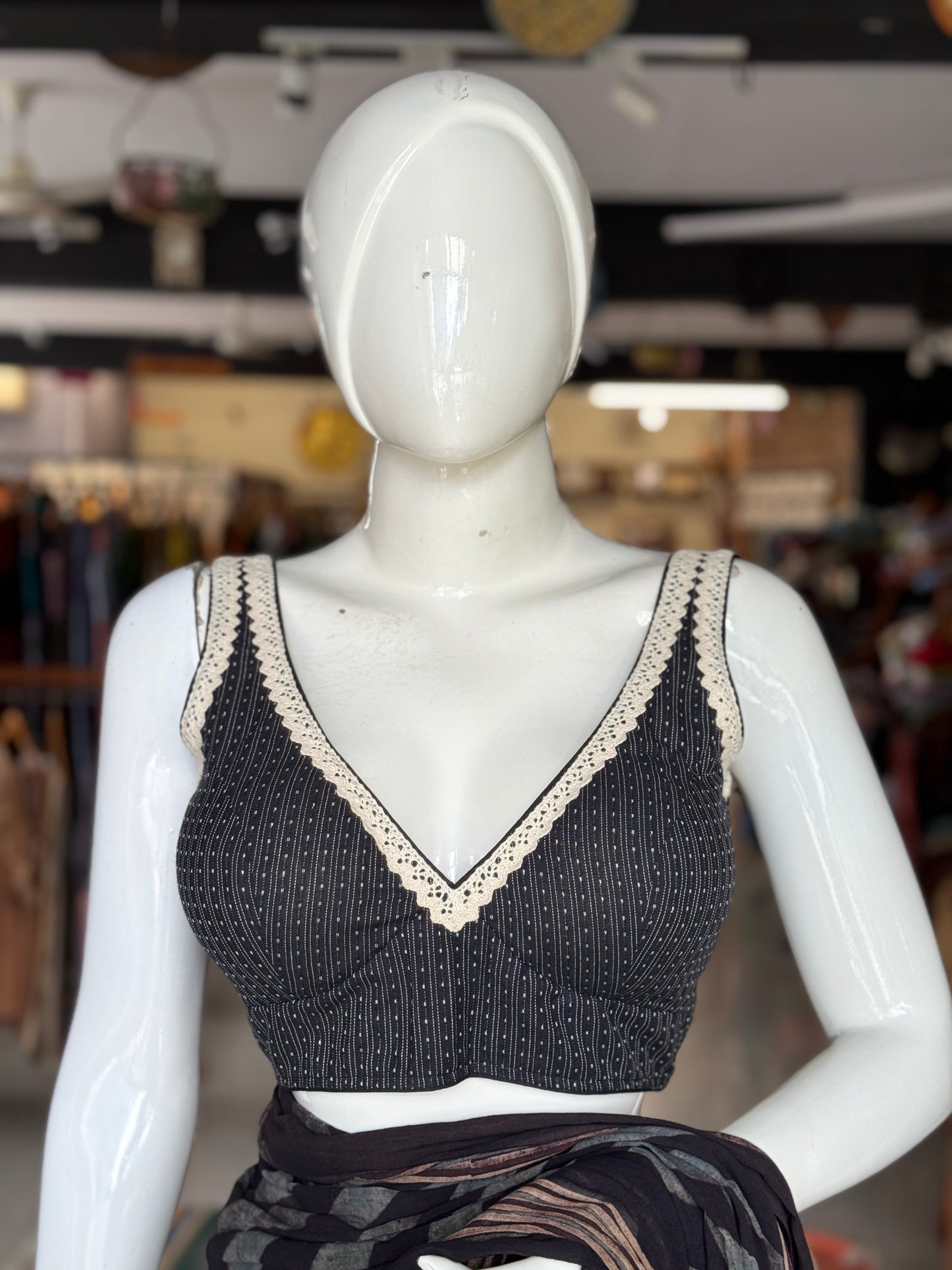 Padded sleeveless cotton blouse with lace trims - black / grey