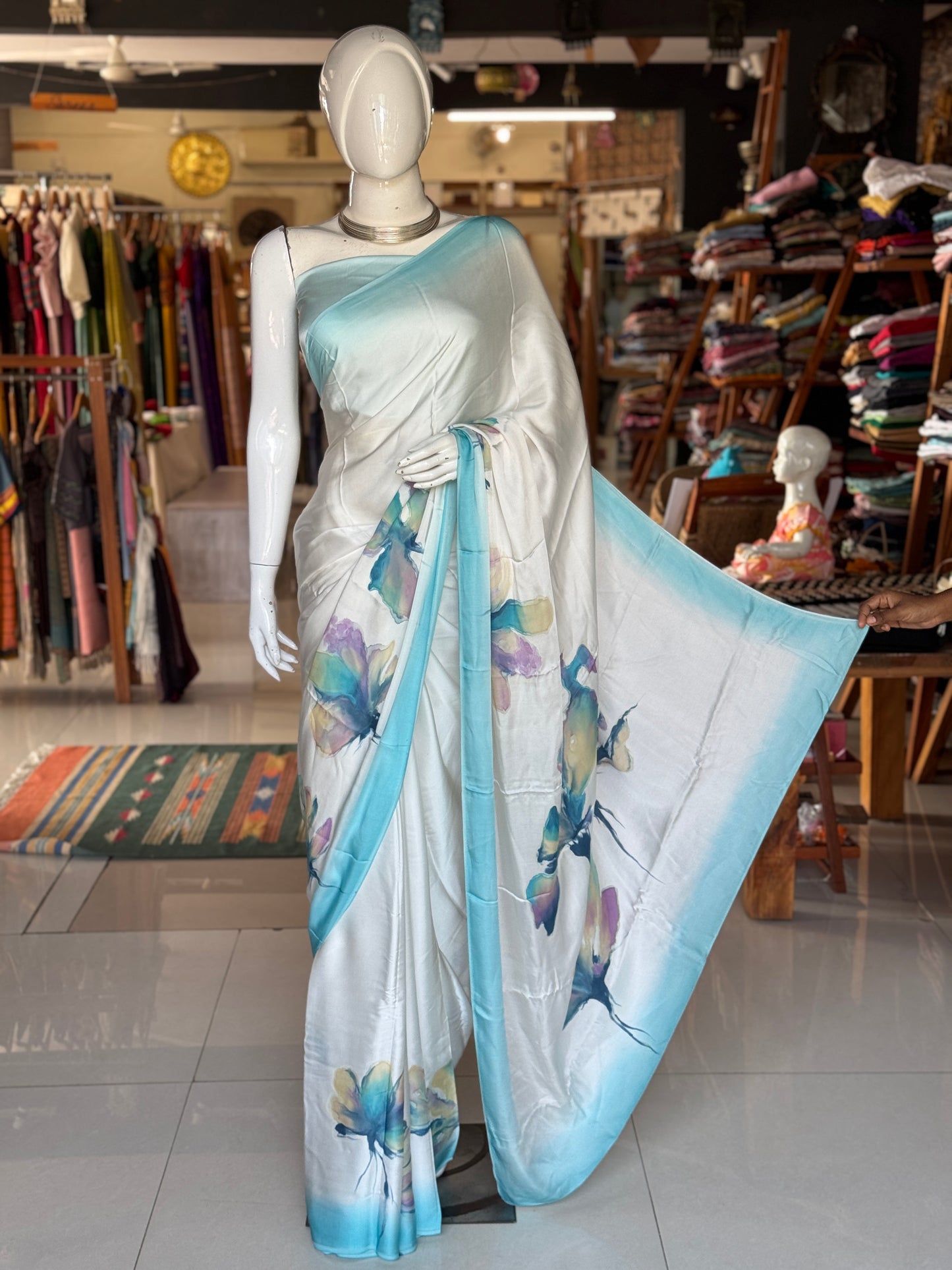 Blue purple - floral design water colors hand painted soft n flowy off white modal saree