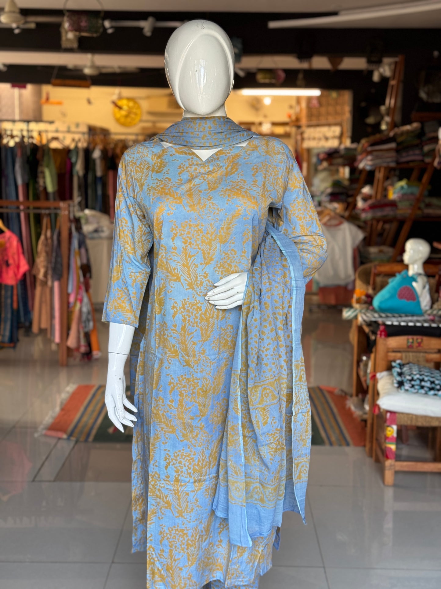Blue and orange leaf pattern soft batik cotton straight kurta, dupatta and pants -  3 piece suit set