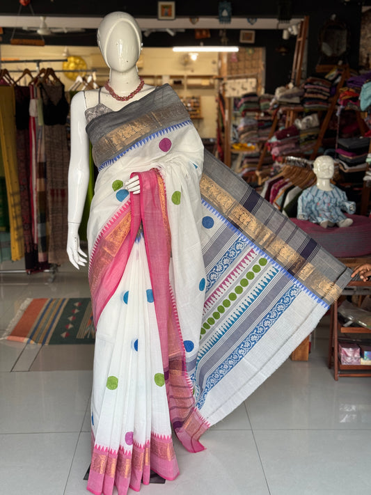 White hand block printed Chettinad cotton saree - colorful circles design