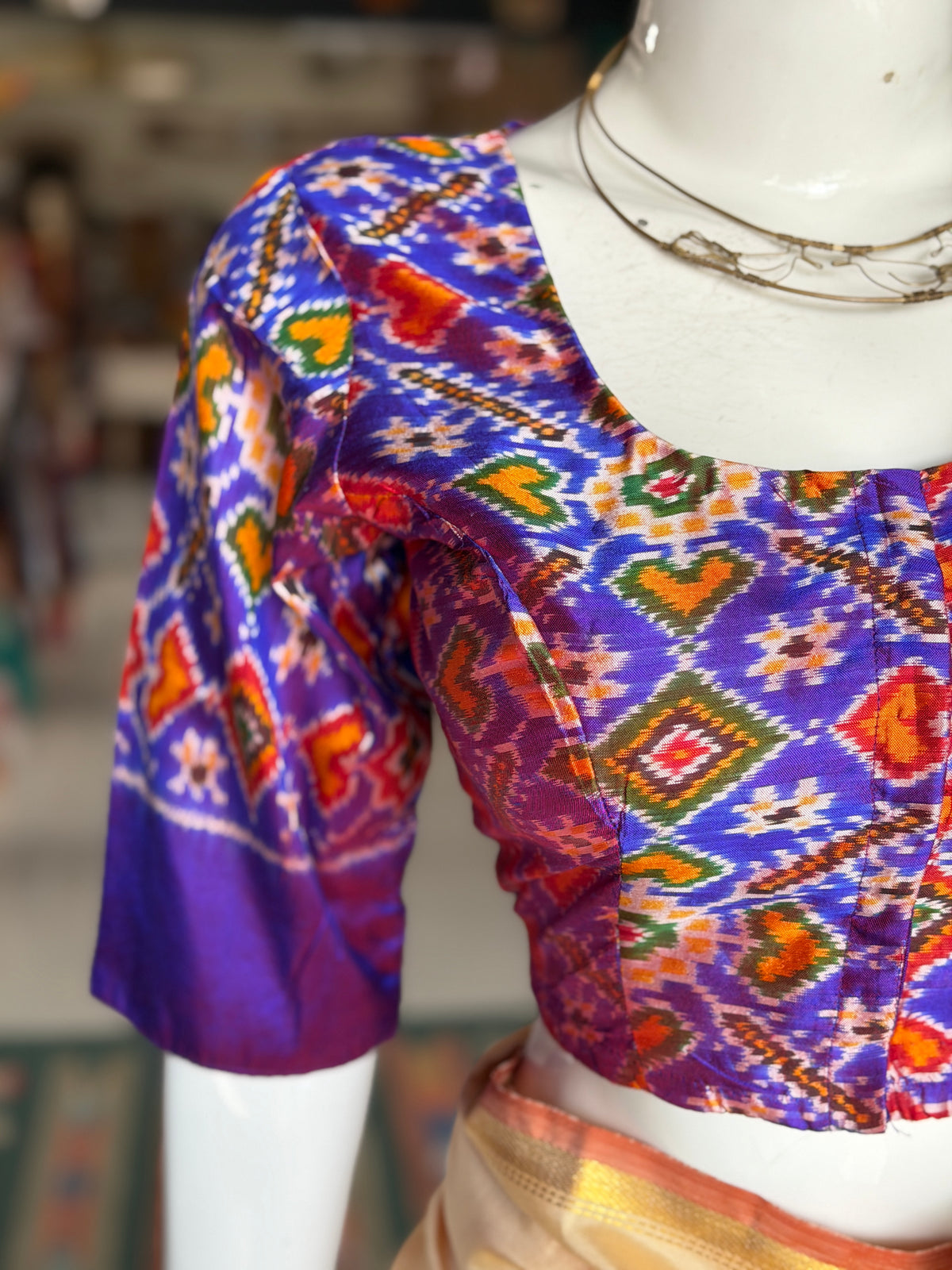 Violet silk Ikat handloom elbow sleeves princess cut front open blouse