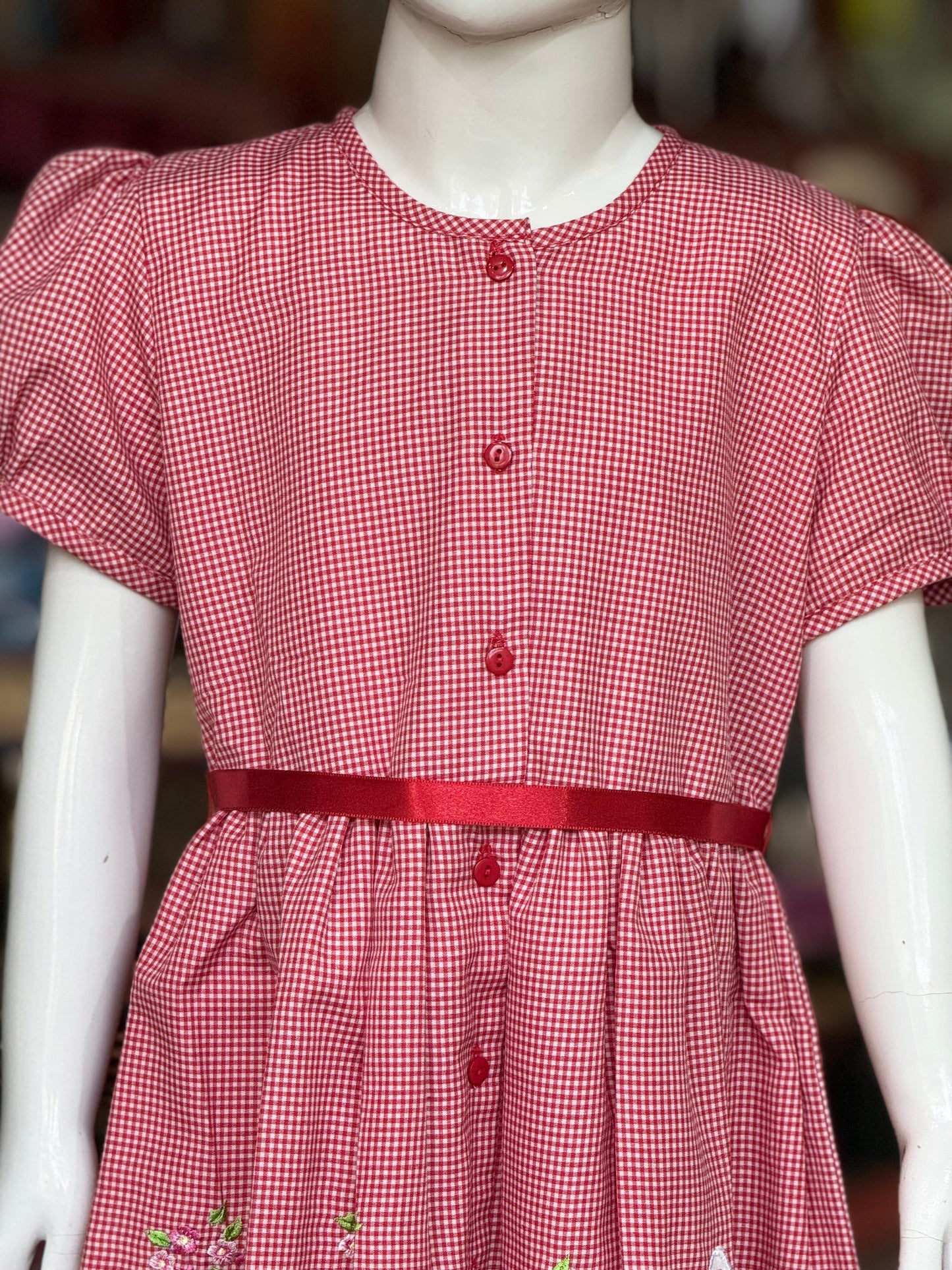 Red gingham checks cotton frock with rabbit embroidery