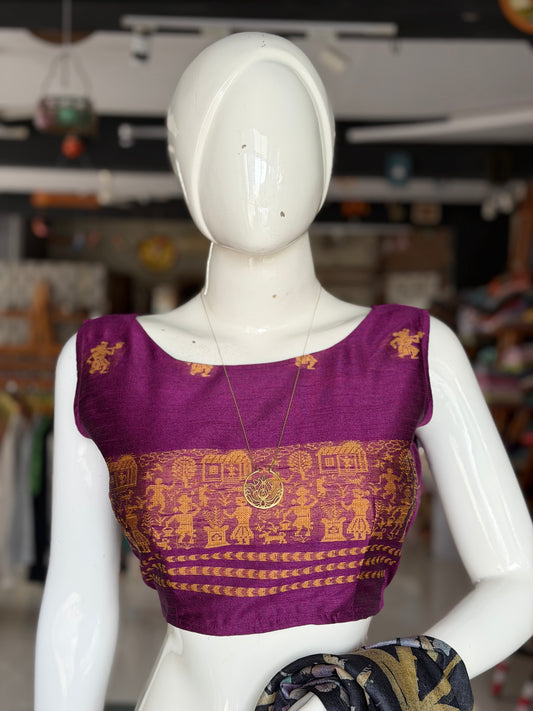 Purple handwoven raw silk sleeveless blouse with golden village motifs
