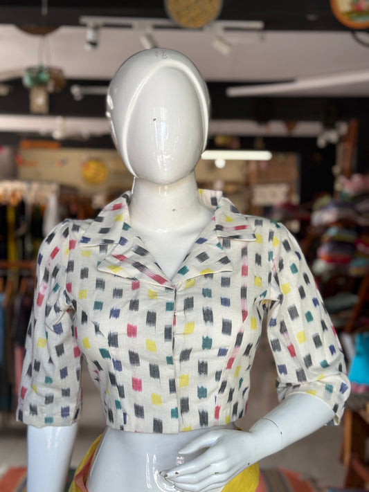 Cream with multi color ikat rectangles handloom cotton blouse