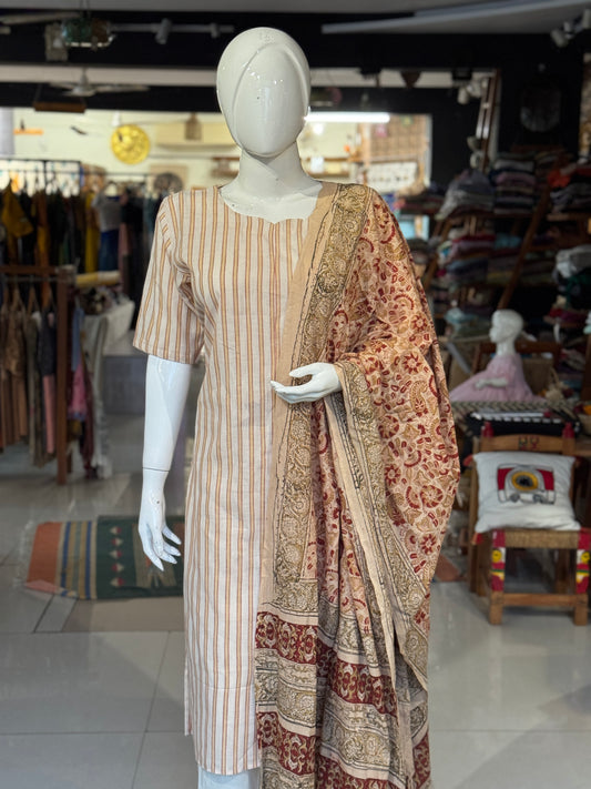 Yellow off white stripes straight kurti - hand spun, handwoven, natural dyed cotton straight kurti