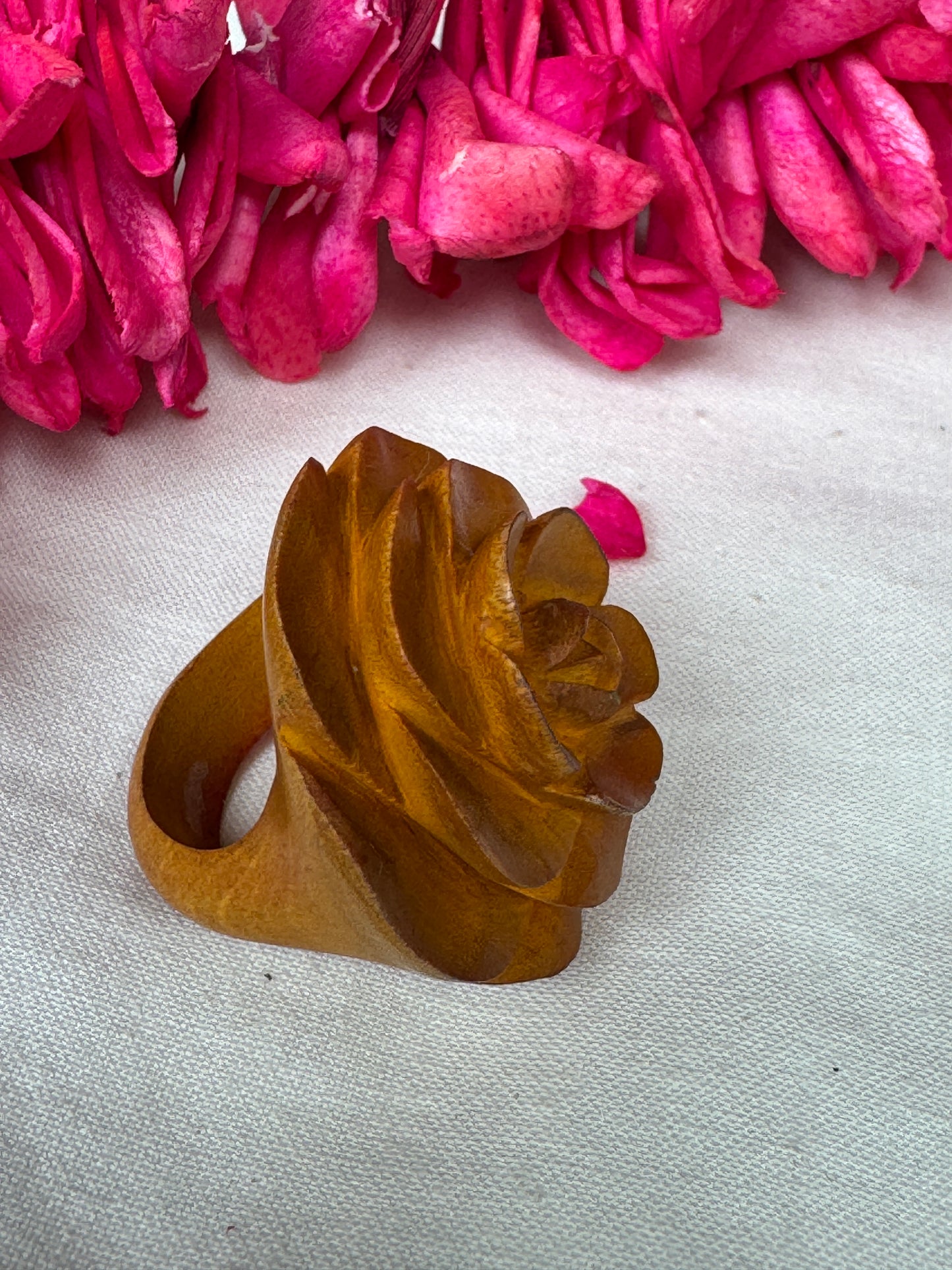 Rose hand carved finger ring in yellow wood - color options available