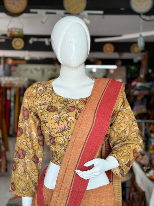 Green and brown hand painted pen kalamkari princess cut cotton blouse with lining