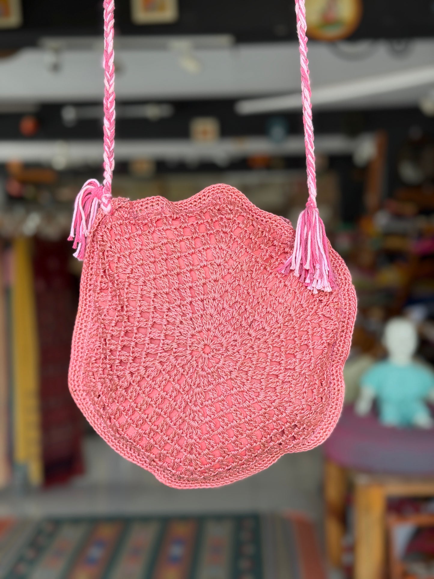 Pink crochet hexagonal Sling bag  - handcrafted crochet bag with zipper closure, inner lining