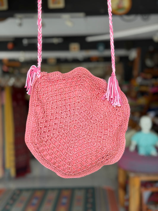Pink crochet hexagonal Sling bag  - handcrafted crochet bag with zipper closure, inner lining