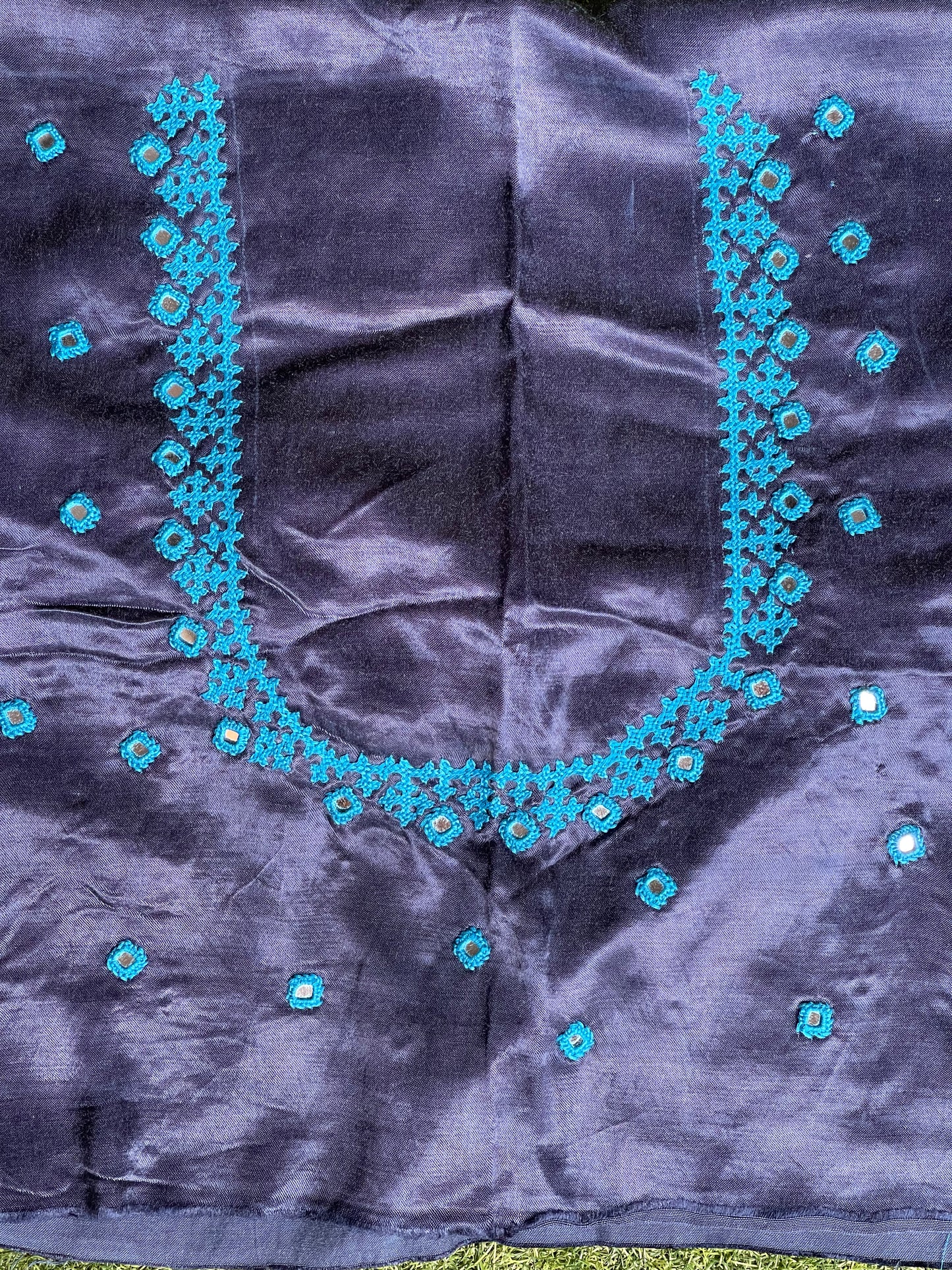 Blue on blue Kutchi hand embroidered mashru blouse fabric