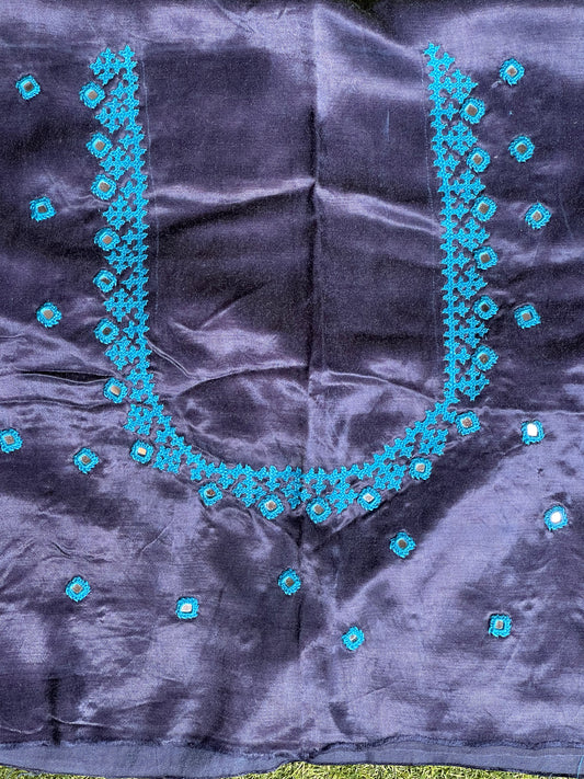 Blue on blue Kutchi mirror hand embroidered unstitched mashru blouse fabric