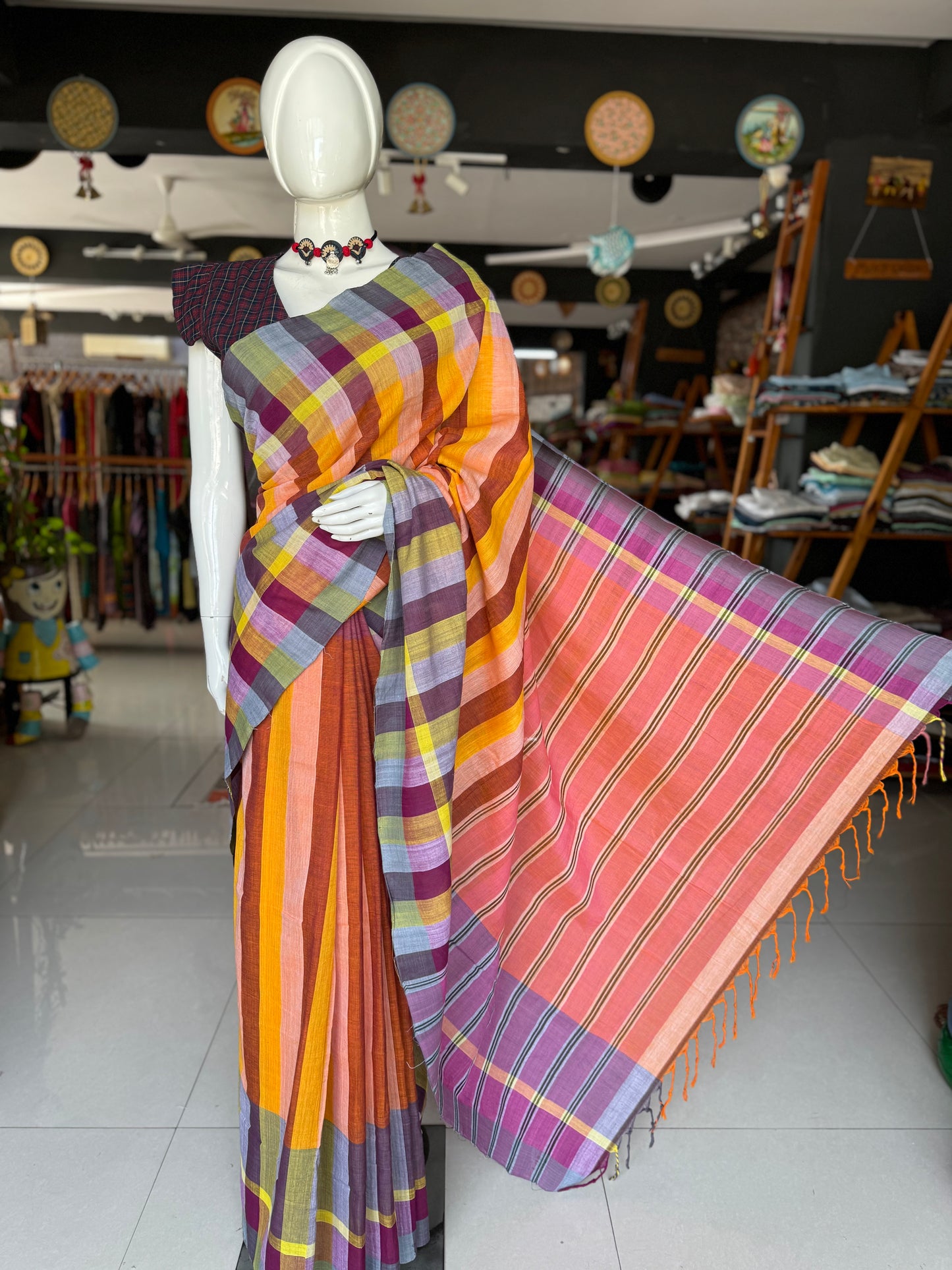 Bright orange and brown stripes hand woven soft cotton saree