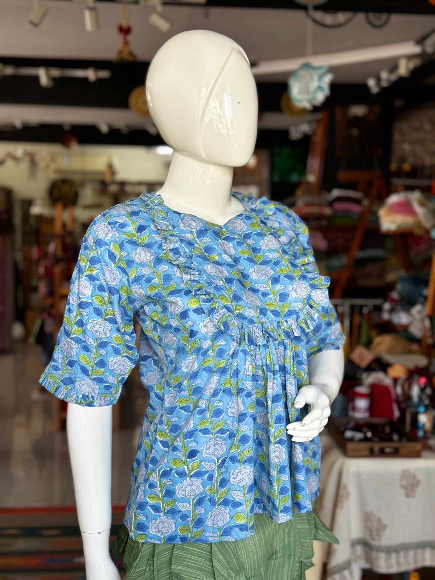 Blue hand block printed cotton frills top