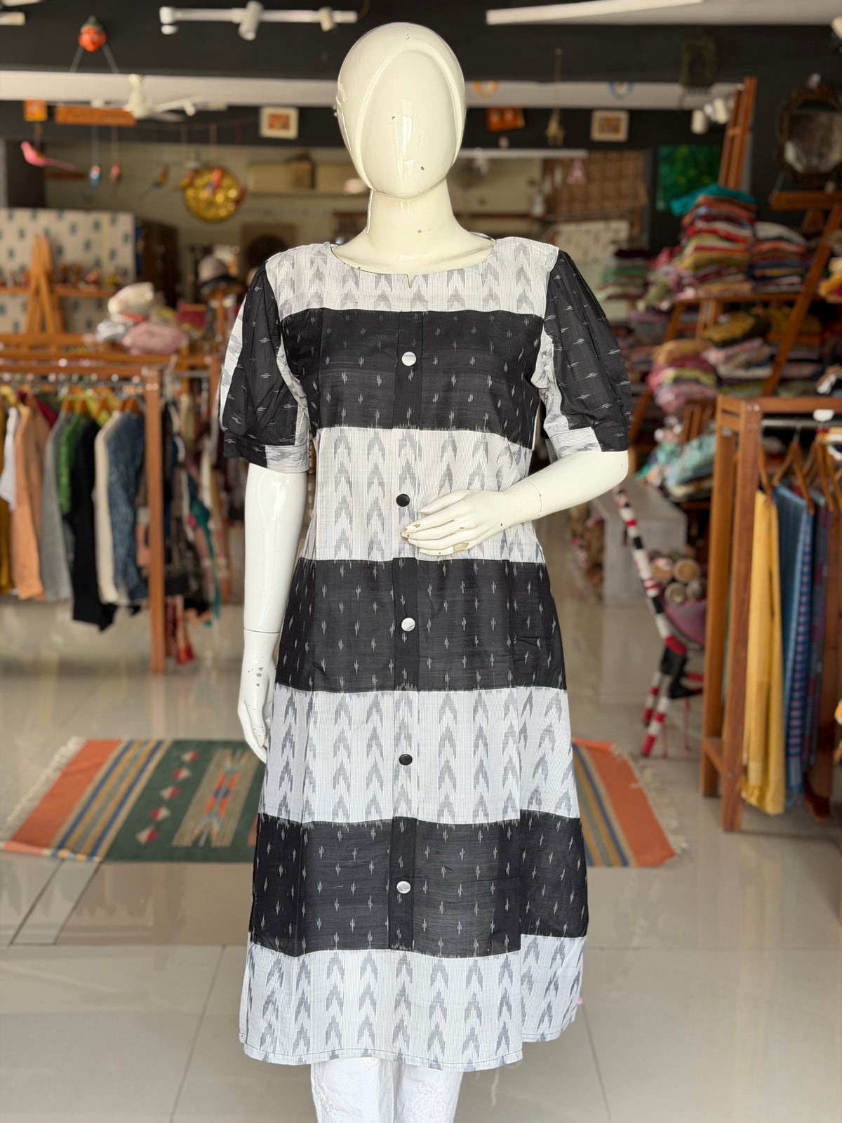 White and black silk x cotton handwoven a-line kurti / dress