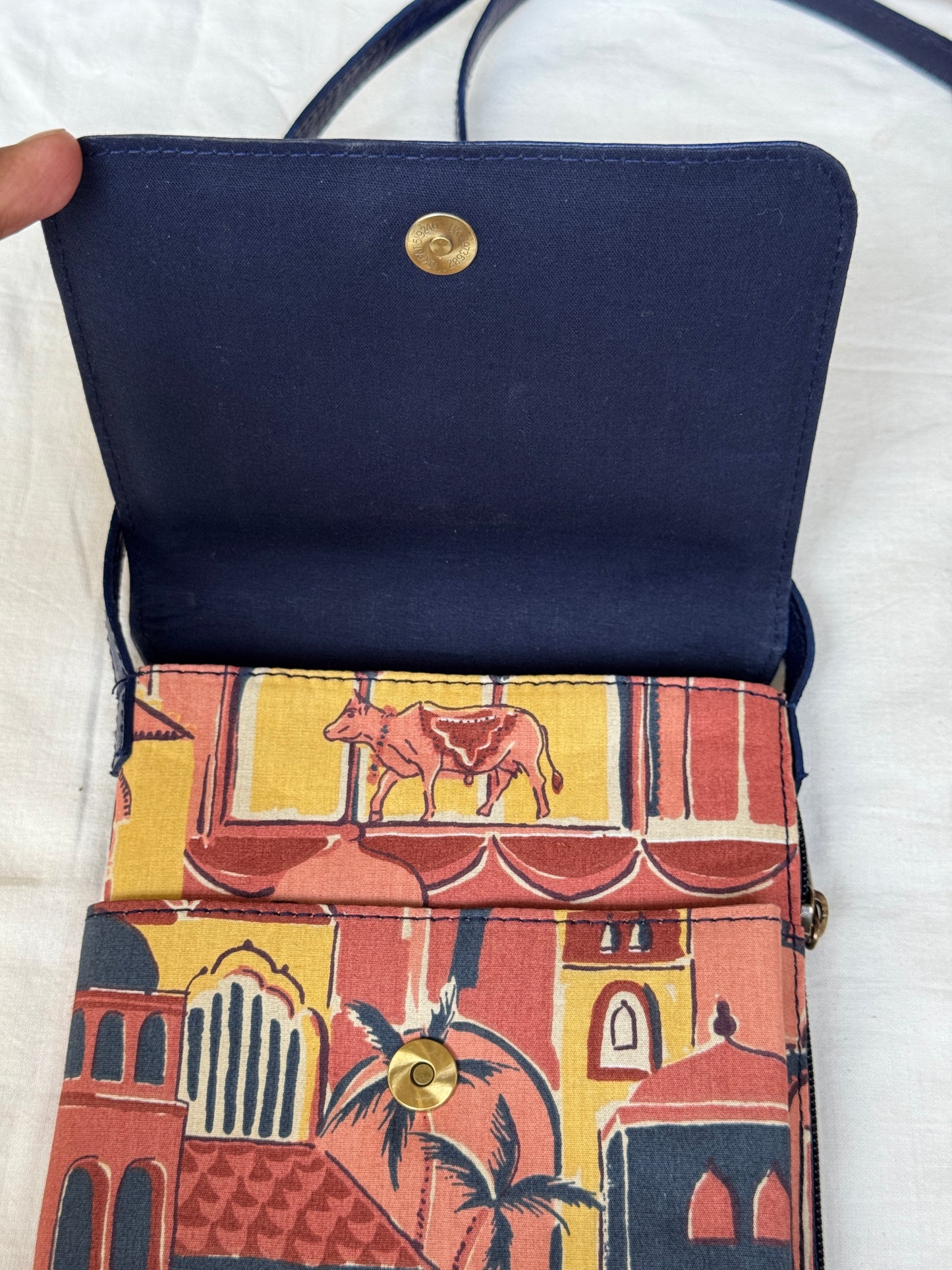 Mobile phone fabric sling with embossed leather flap - carry your essentials