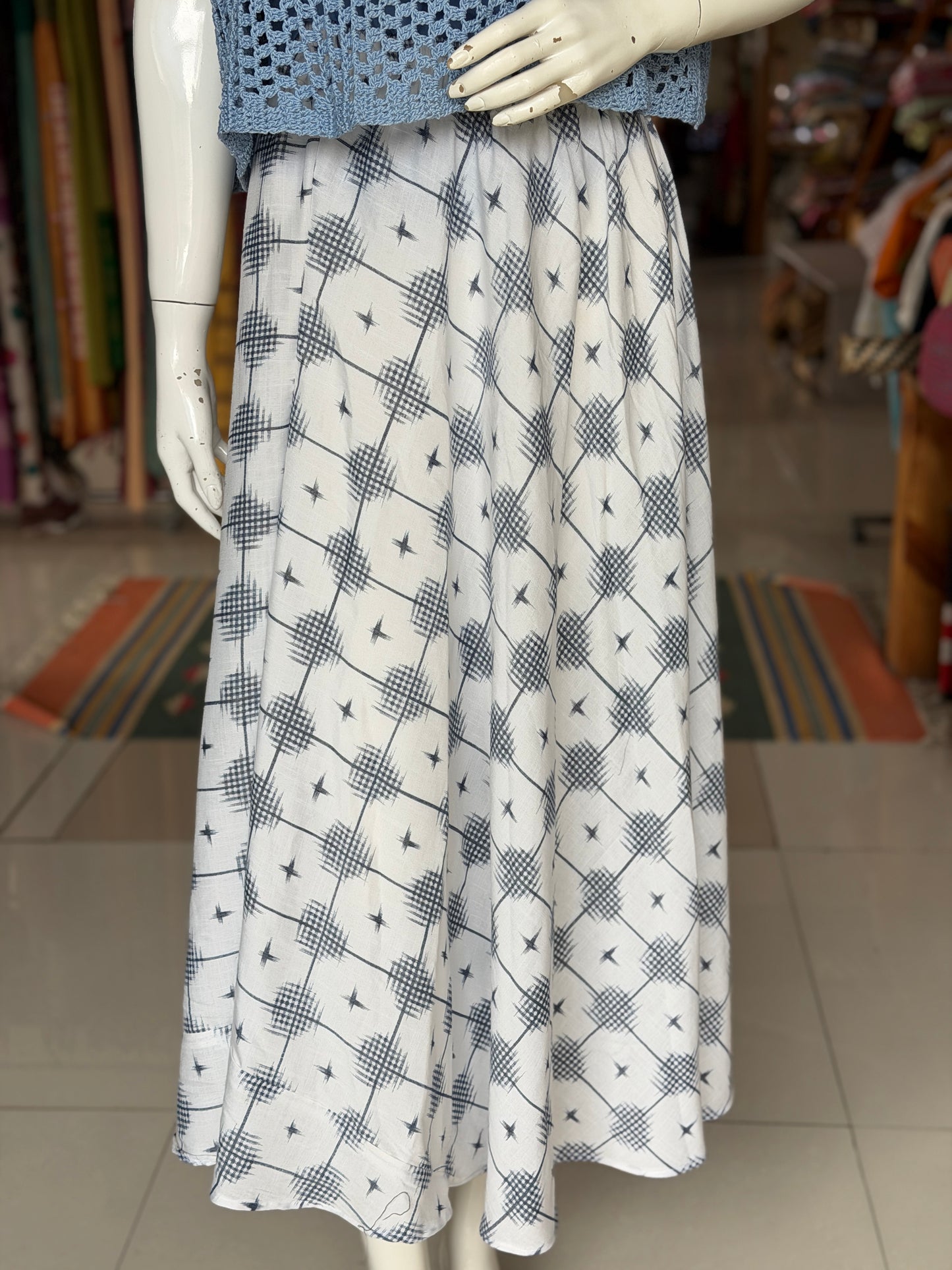 White and blue rayon free sized, flowy umbrella skirt