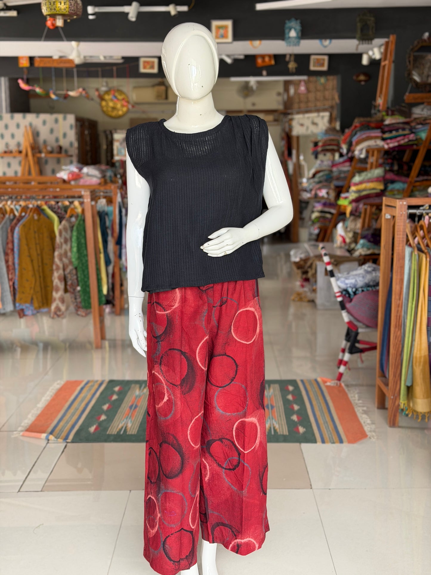 Maroon circles design cotton hand block printed Ajrakh free sized pants