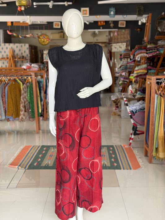 Maroon circles design cotton hand block printed Ajrakh free sized pants