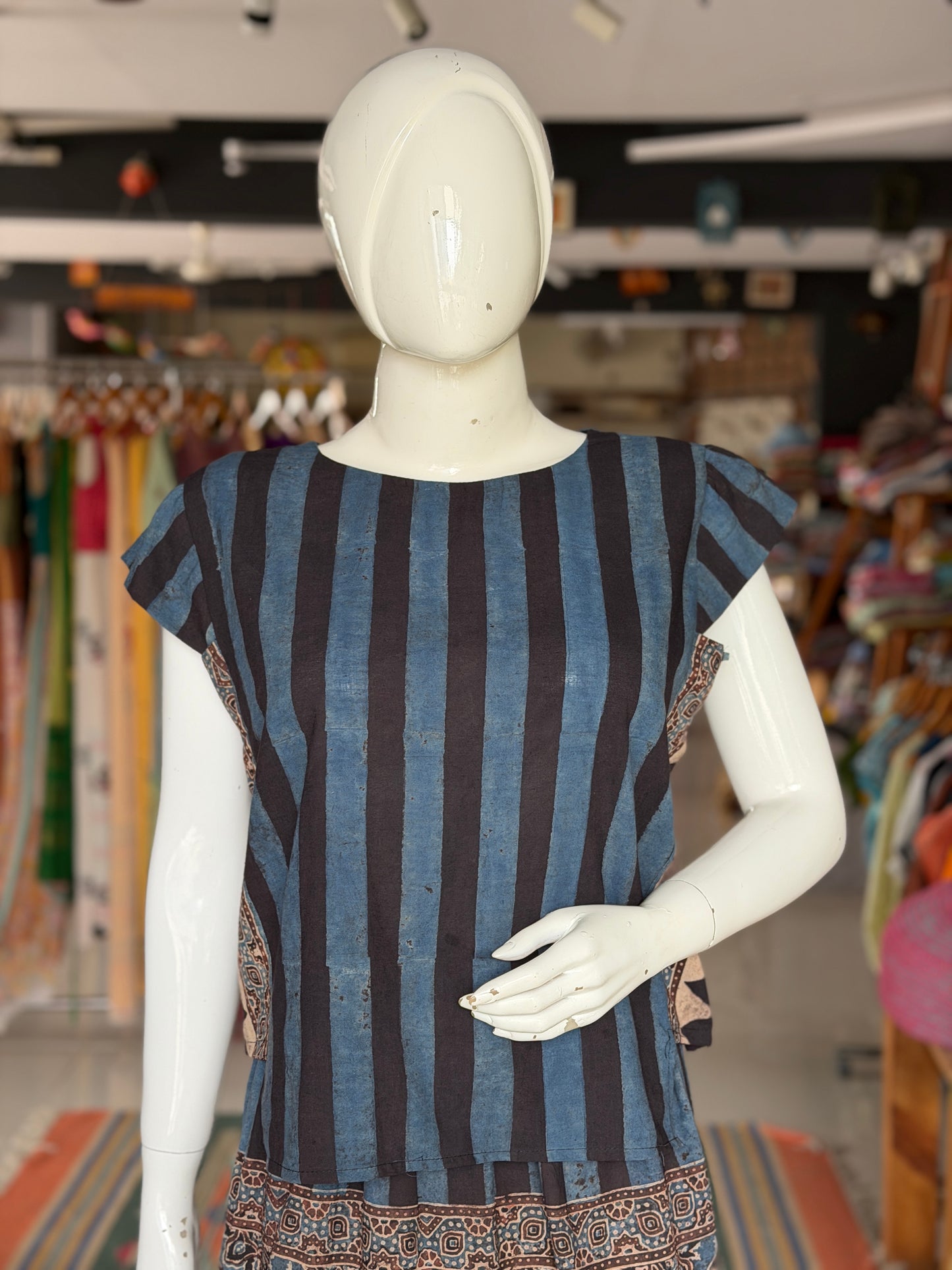 Indigo n black stripes cotton coord set of skirt n top - Ajrakh hand block prints