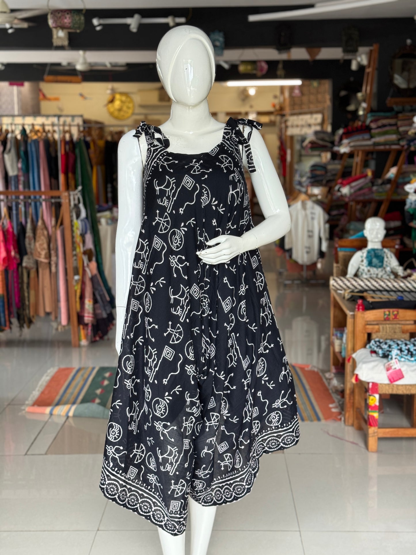 Tie up jumpsuit in soft hand block printed mul cotton