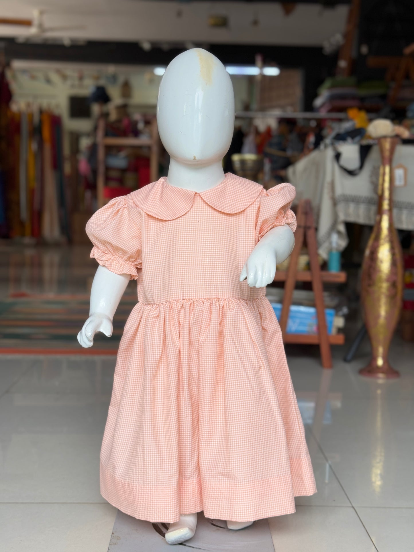 Peach checks puff sleeves cotton frock with smocking embroidered detachable overcoat