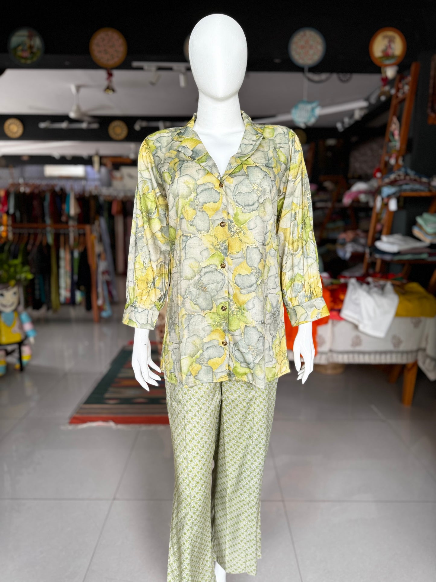 Light green floral print collared rayon cotton top with long sleeves and pants set