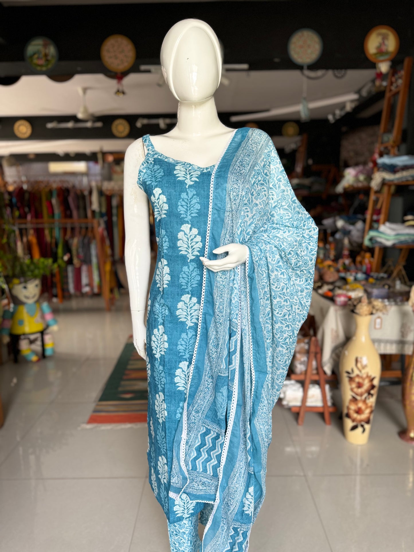 Blue cotton strap sleeves straight Kurti, pants and dupatta with lace border - 3 piece set