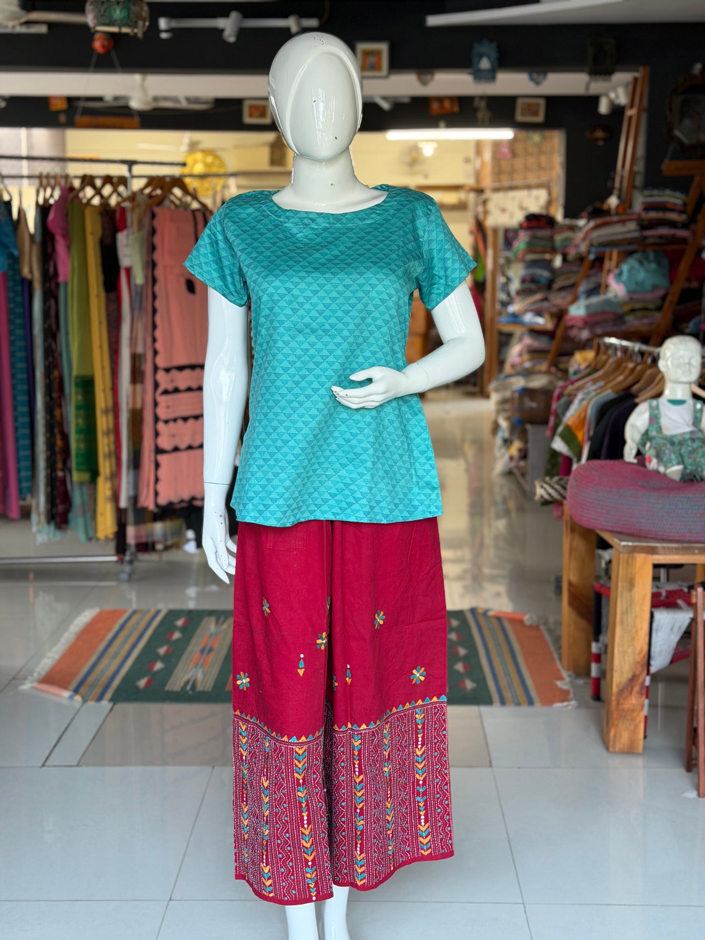 Kantha hand embroidered cotton poplin free size plazo with front pocket
