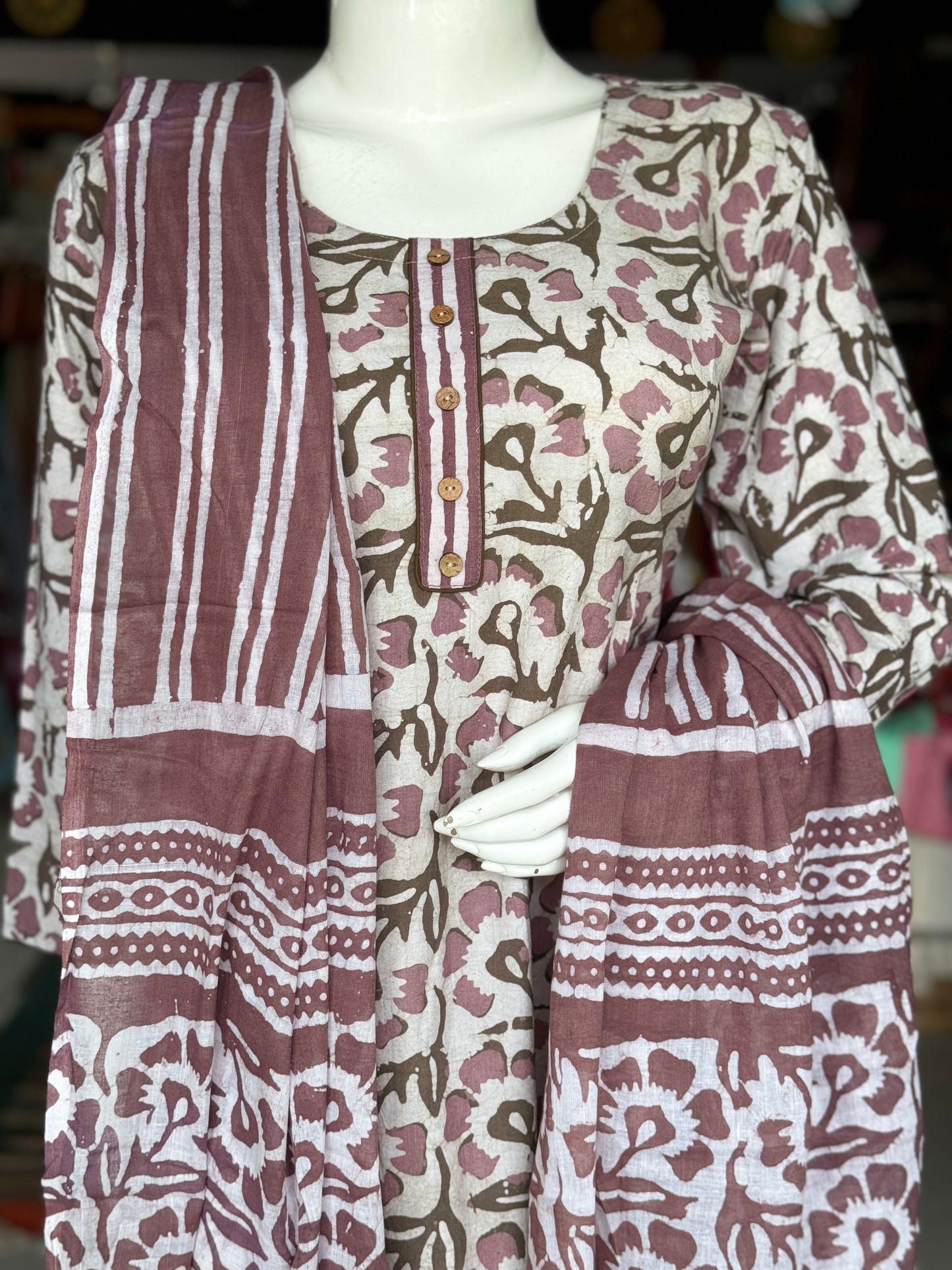 Mauve floral hand batik print cotton straight Kurti, pants and dupatta set